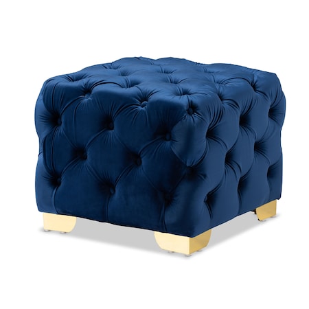 Baxton Studio Avara Blue Velvet Upholstered Gold Finished Button Tufted Ottoman 153-9371